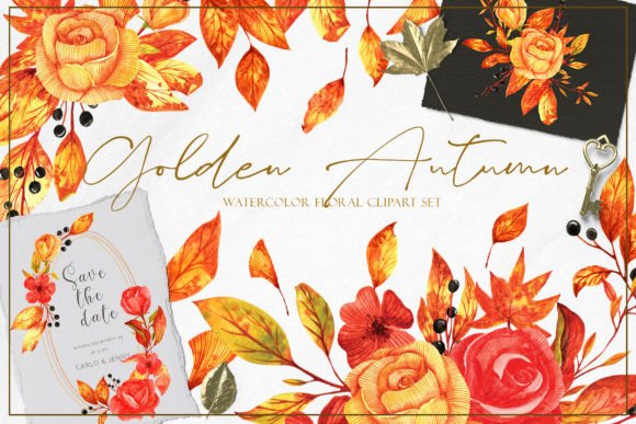Autumn Wedding Floral Watercolor Clipart – Golden Blooms for Every Creative Project