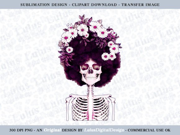 Magenta Floral Afro Skeleton Clip Art: A Vintage Statement for Creative Projects