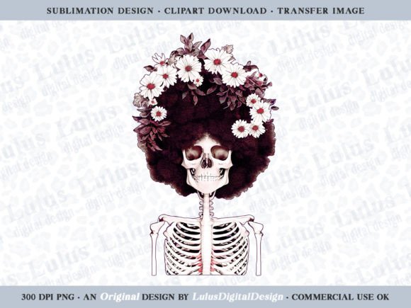 Rust Red Floral Afro Skeleton Clip Art