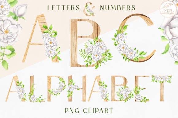 Watercolor Floral Wood Alphabet Clipart